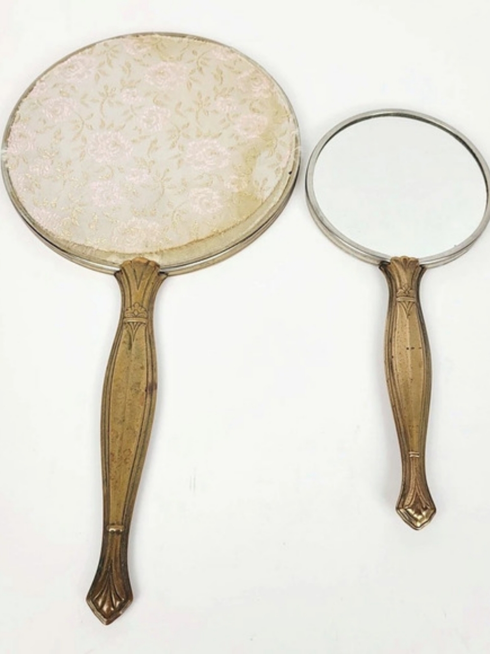 Vtg 40s~Hollywood Regency Brass Embroidered Fabric Hand Vanity Mirrors Set of 2